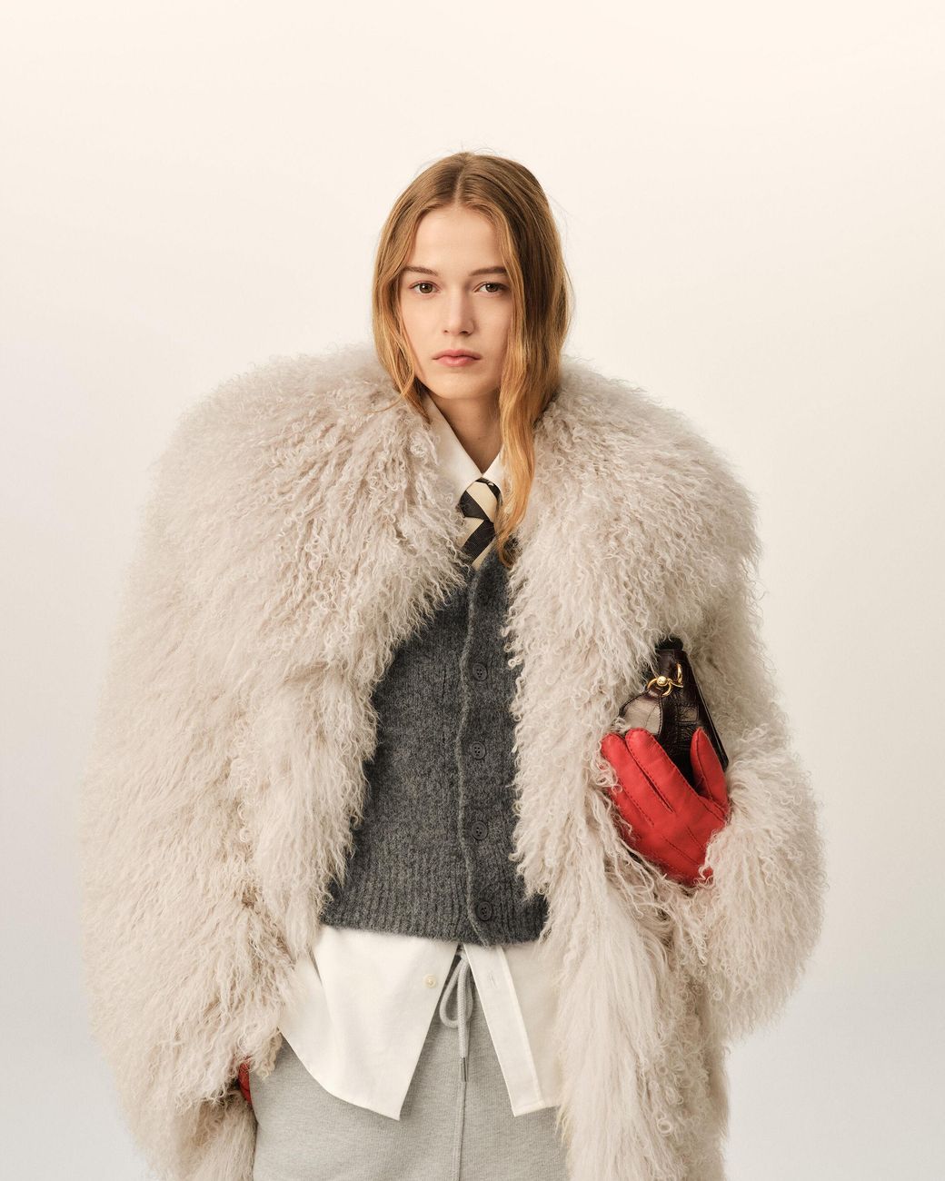 AMI Natural Long Lamb Shearling Coat