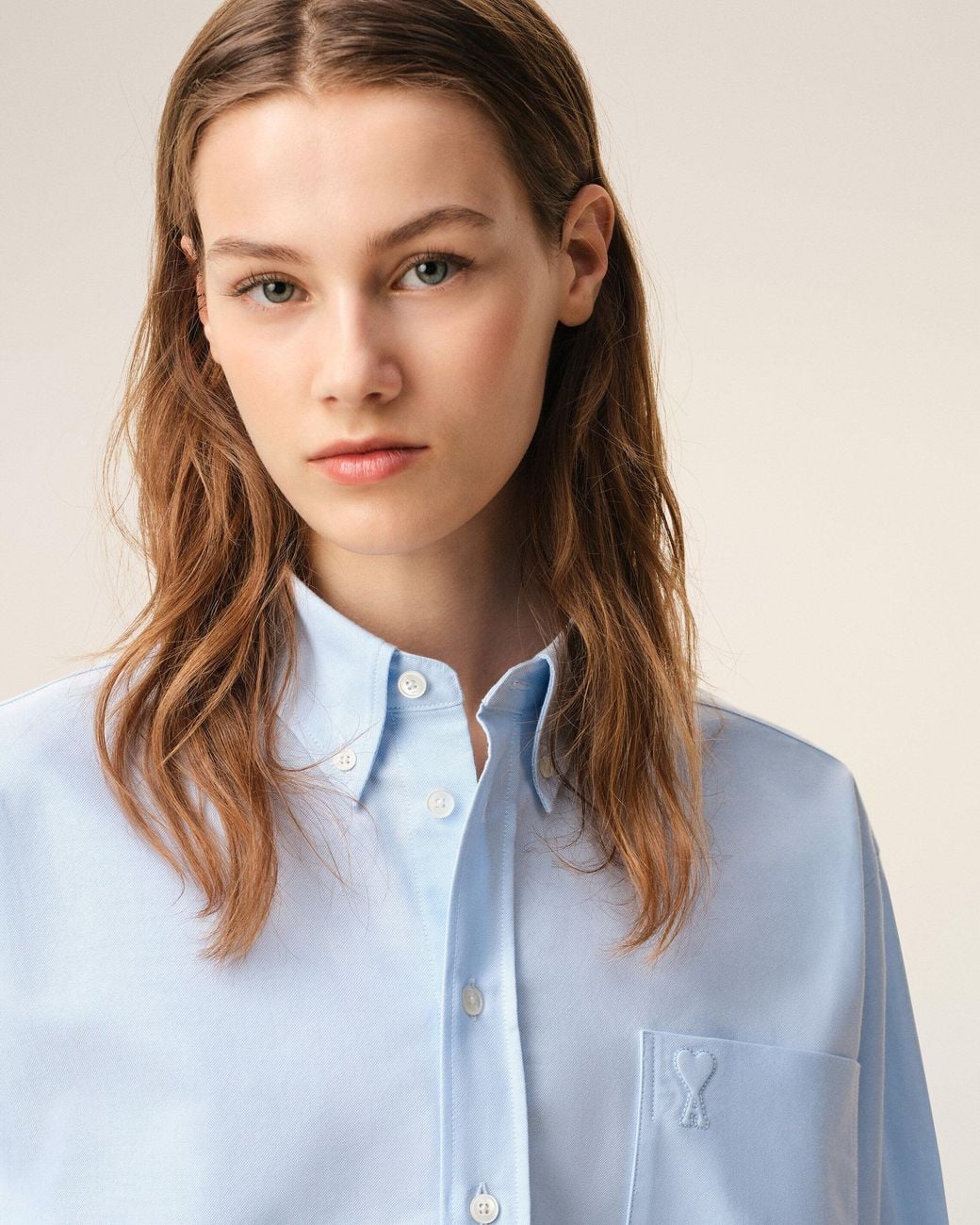 AMI Blue Cotton Cropped Embossed Ami De Coeur Shirt