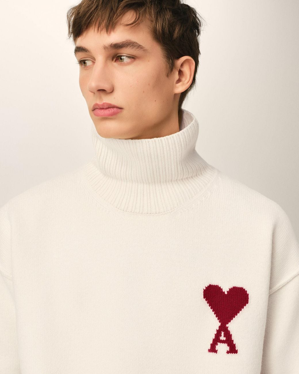 AMI Natural Funell Neck Wool Sweater With Ami De Coeur