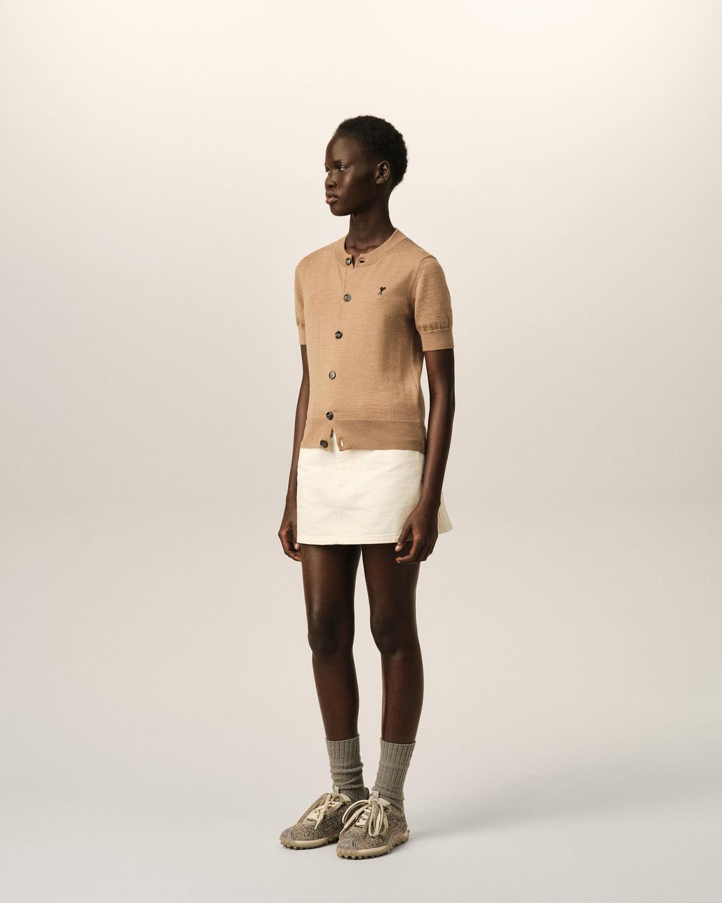 AMI Natural Wool Short-Sleeve Cardigan With Ami De Coeur