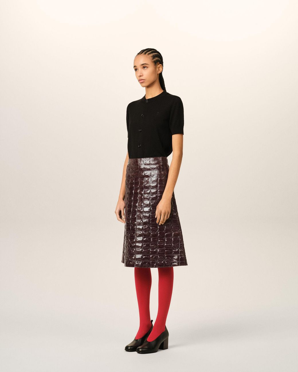 AMI Natural Burgundy Midi Cowhide Leather Skirt