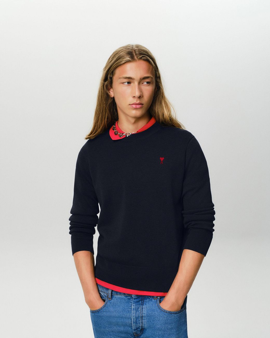 AMI Blue Crewneck Wool Sweater With Ami De Coeur for men