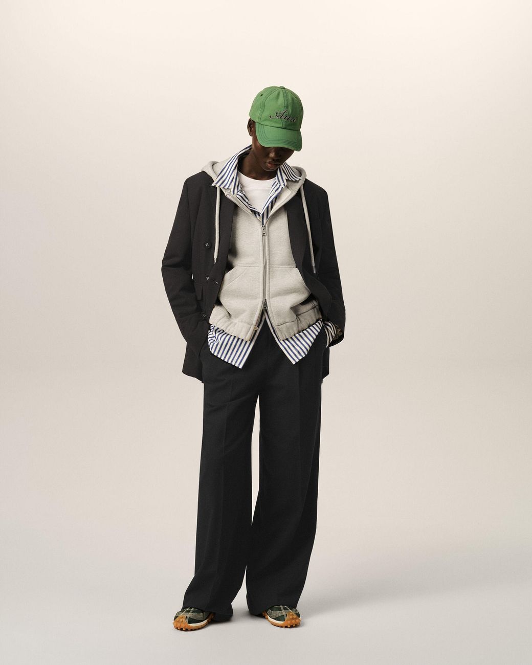 AMI Black High-Waisted Wide-Leg Wool Trousers