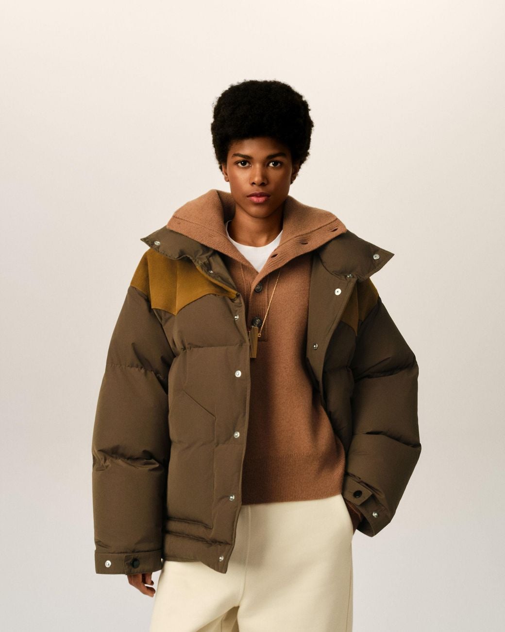 AMI Brown Nylon And Cotton Down Jacket With Leather Panels