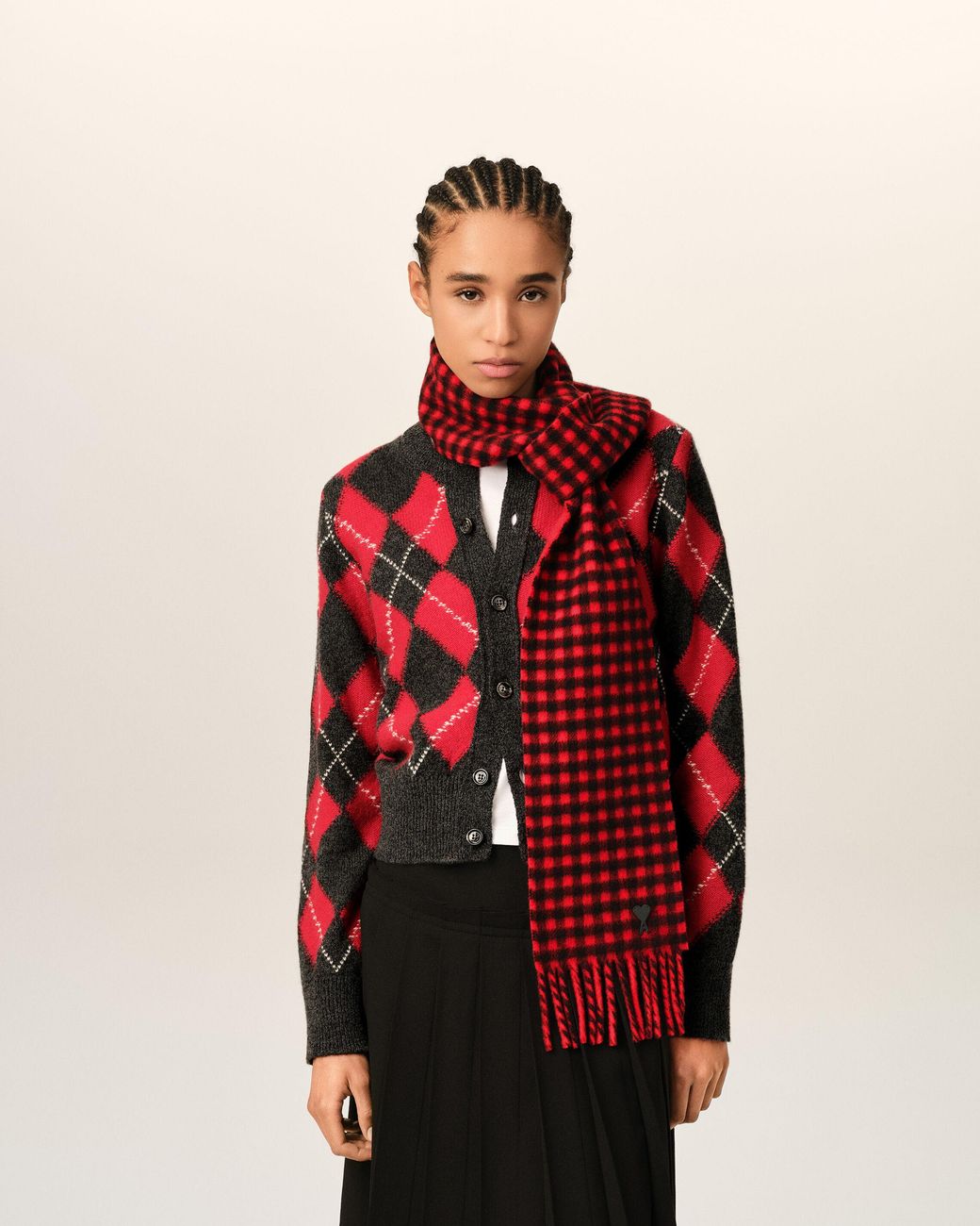 AMI Checkered Wool Scarf With Ami De Coeur
