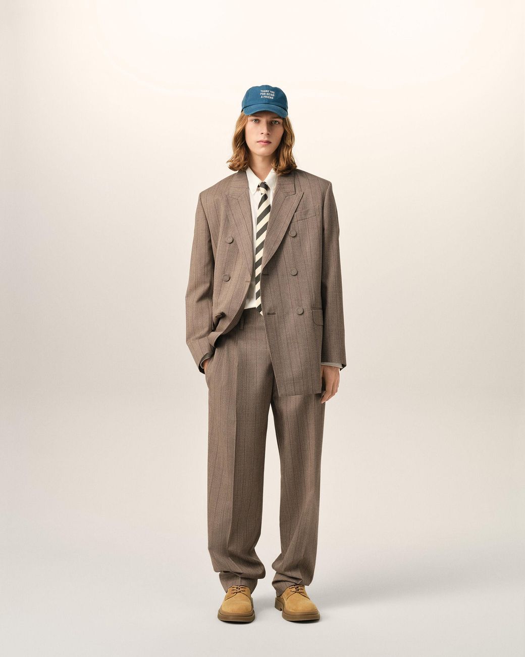 AMI Natural Striped Wool Two-Pleats Trousers for men