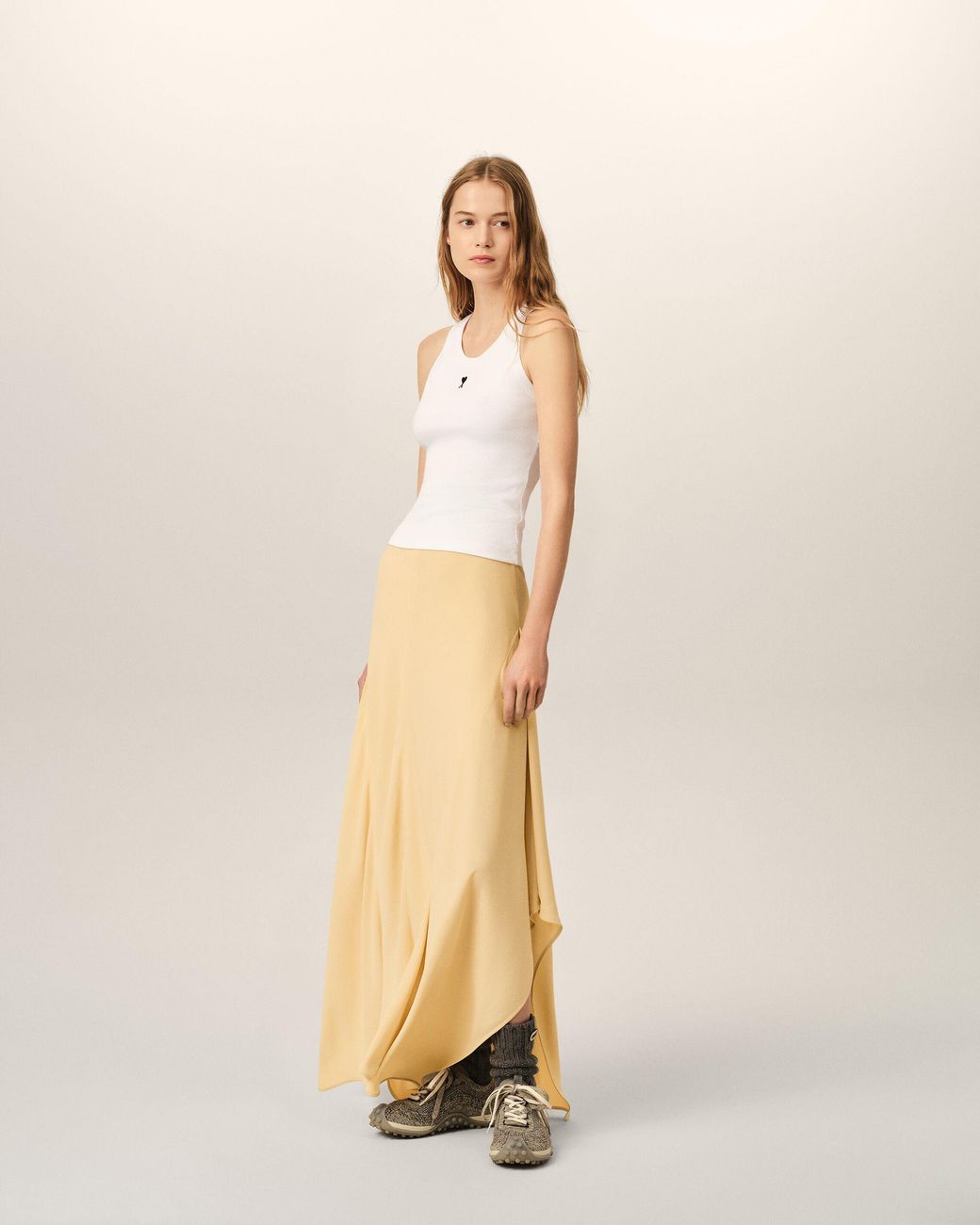 AMI Natural Maxi Flared Blended Silk Skirt