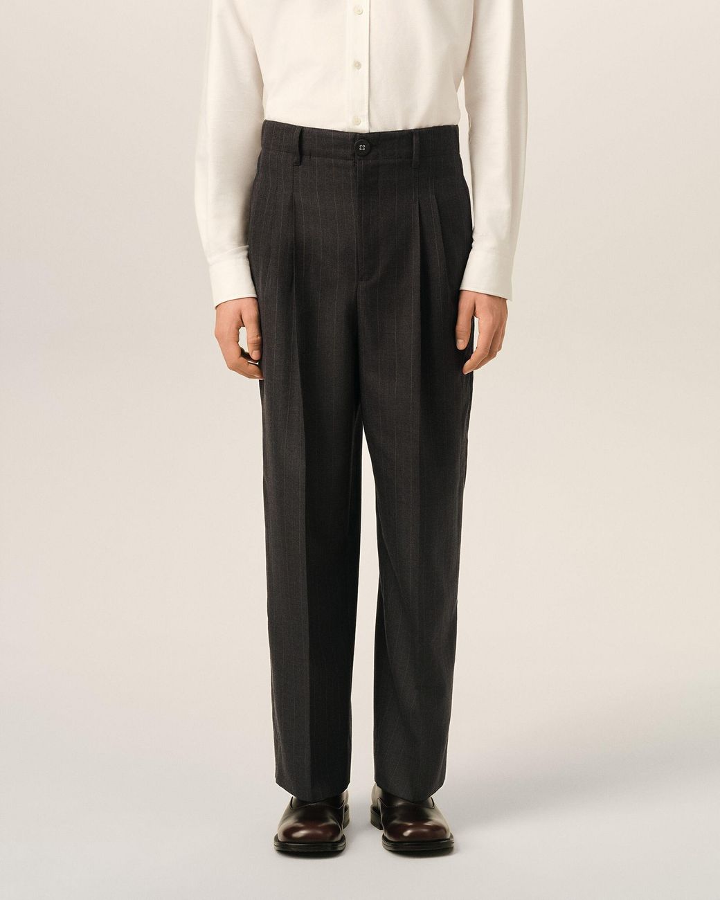 AMI Black High-Waisted Carrot-Fit Striped Wool Trousers for men