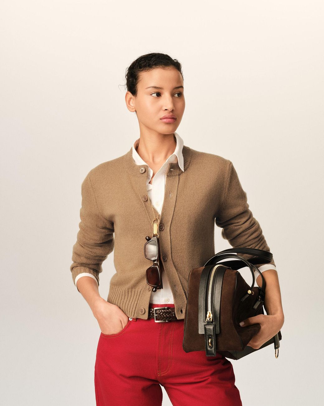 AMI Natural Crewneck Cashmere Cardigan With Ami De Coeur