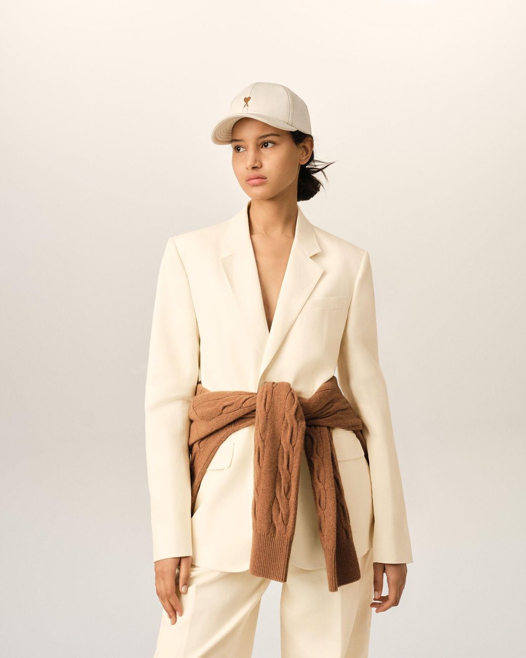 AMI Natural Single Breasted Boxy Cotton And Linen Blazer