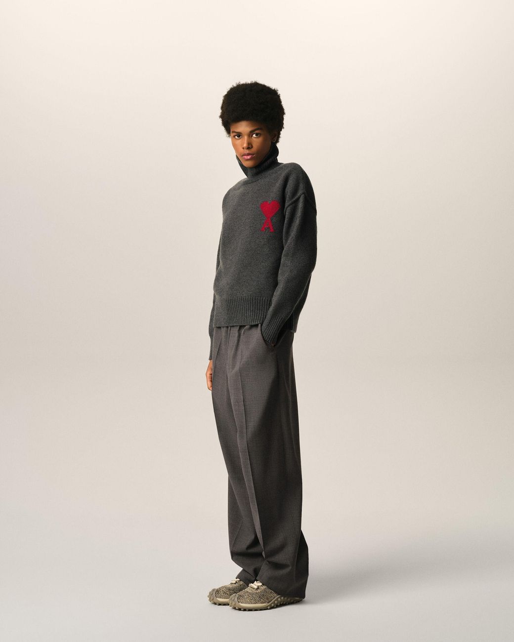 AMI Black Funell Neck Wool Sweater With Ami De Coeur