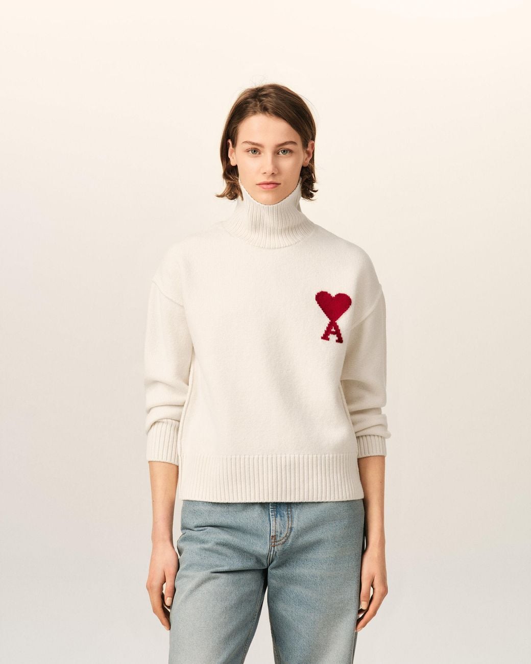 AMI Natural Funell Neck Wool Sweater With Ami De Coeur