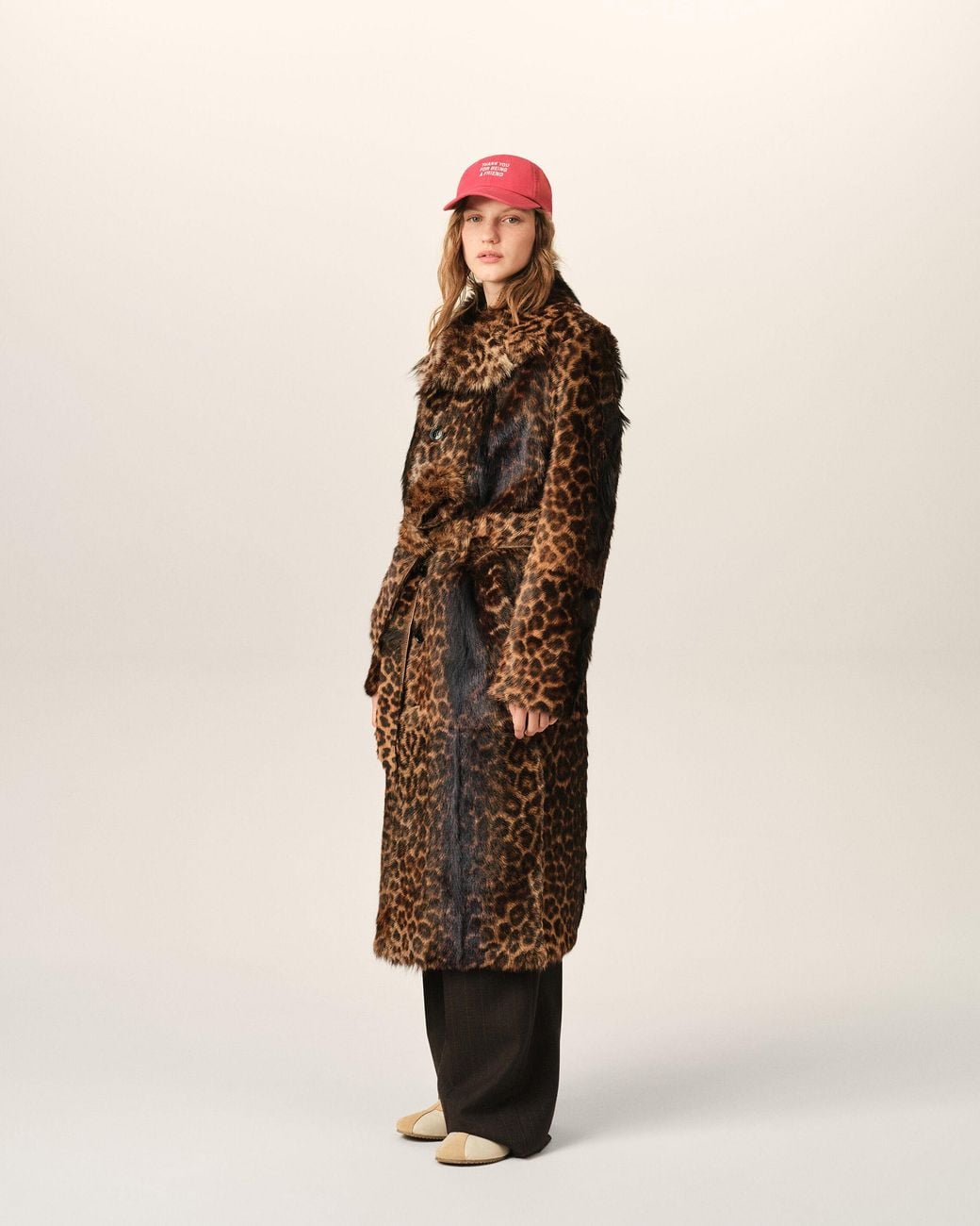 AMI Brown Long Leopard Goat Leather Belted Coat