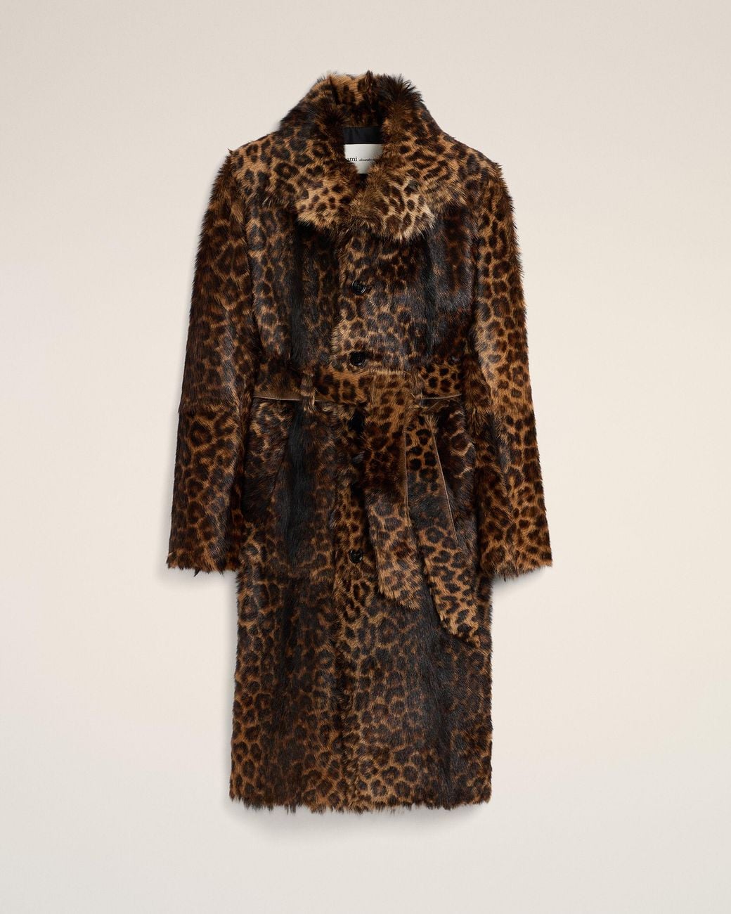 AMI Brown Long Leopard Goat Leather Belted Coat