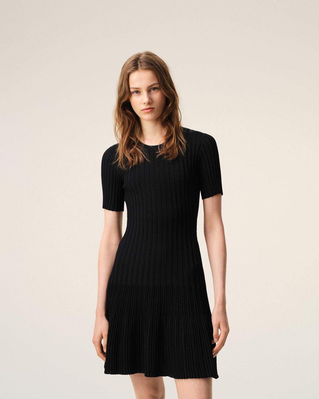AMI Black Knit Mini Godet Dress