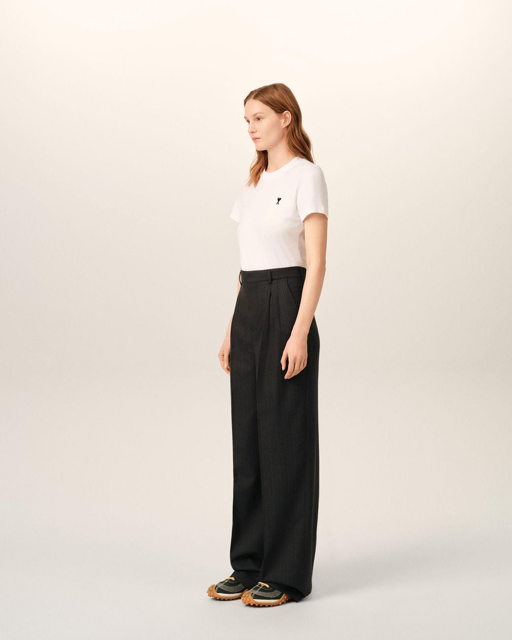 AMI Black High-Waisted Wide-Leg Striped Wool Trousers