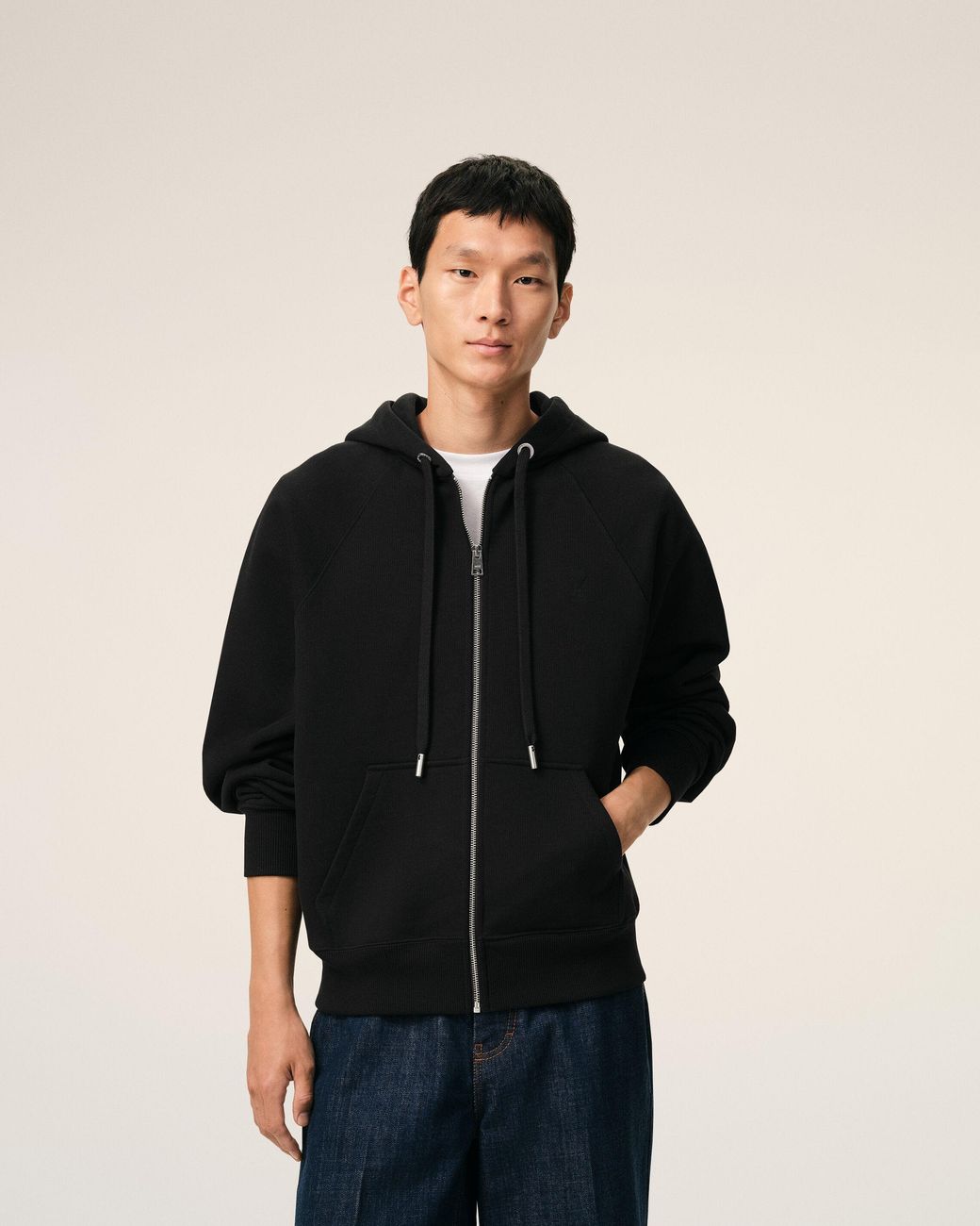 AMI Black Zipped Cotton Hoodie With Embossed Ami De Coeur
