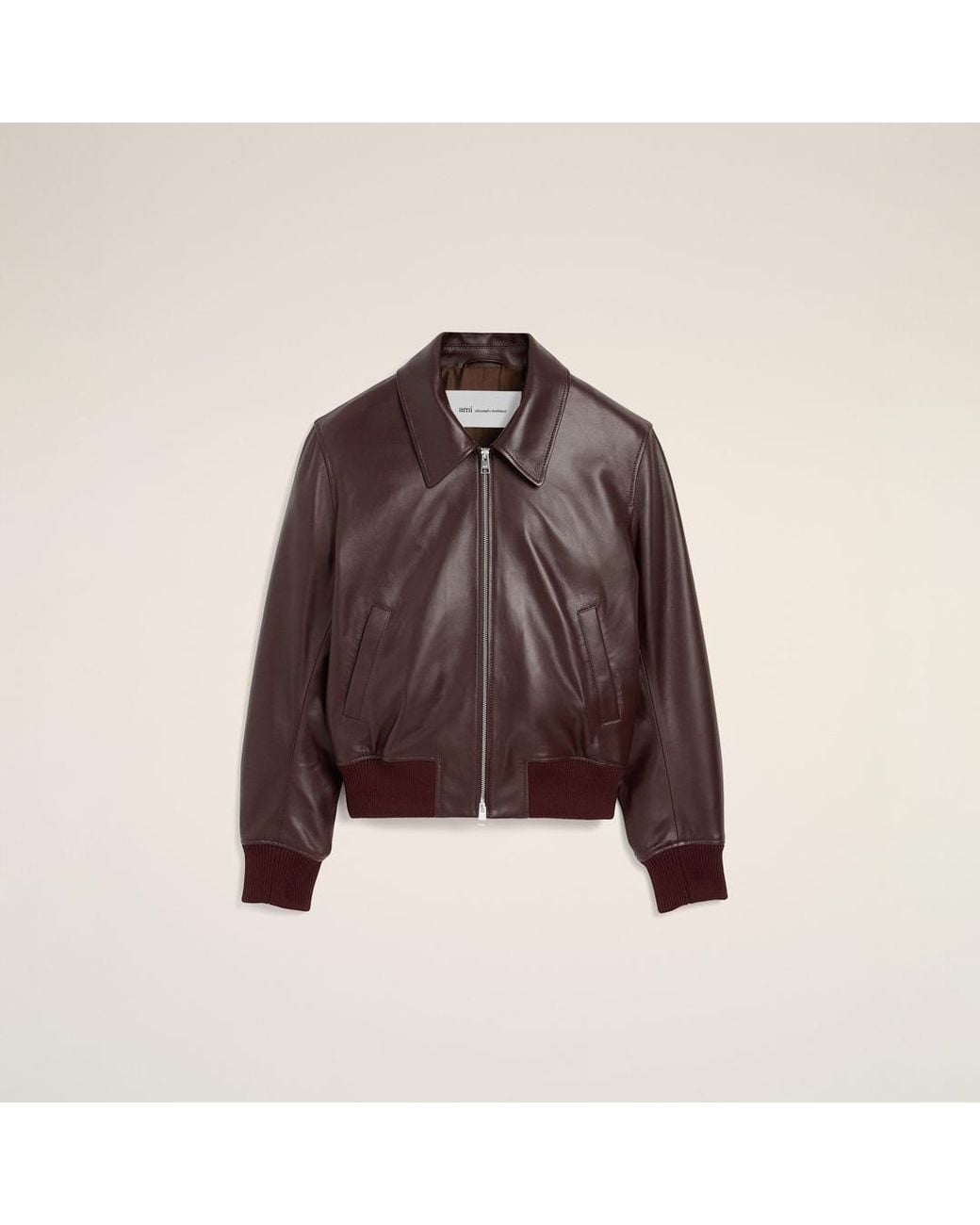 AMI Brown Burgundy Lamb Leather Zipped Jacket for men