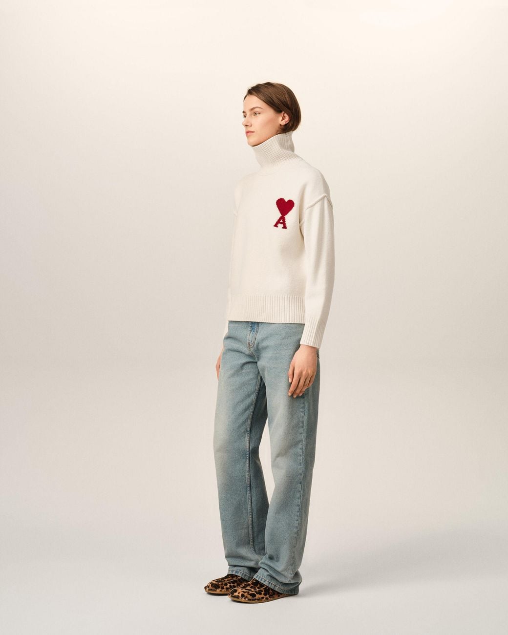 AMI Natural Funell Neck Wool Sweater With Ami De Coeur