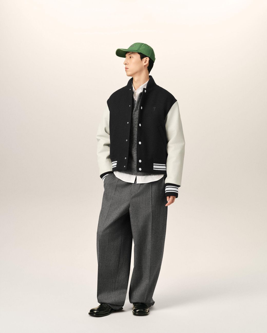 AMI Black Wool And Leather Padded Teddy Jacket With Embroidery for men