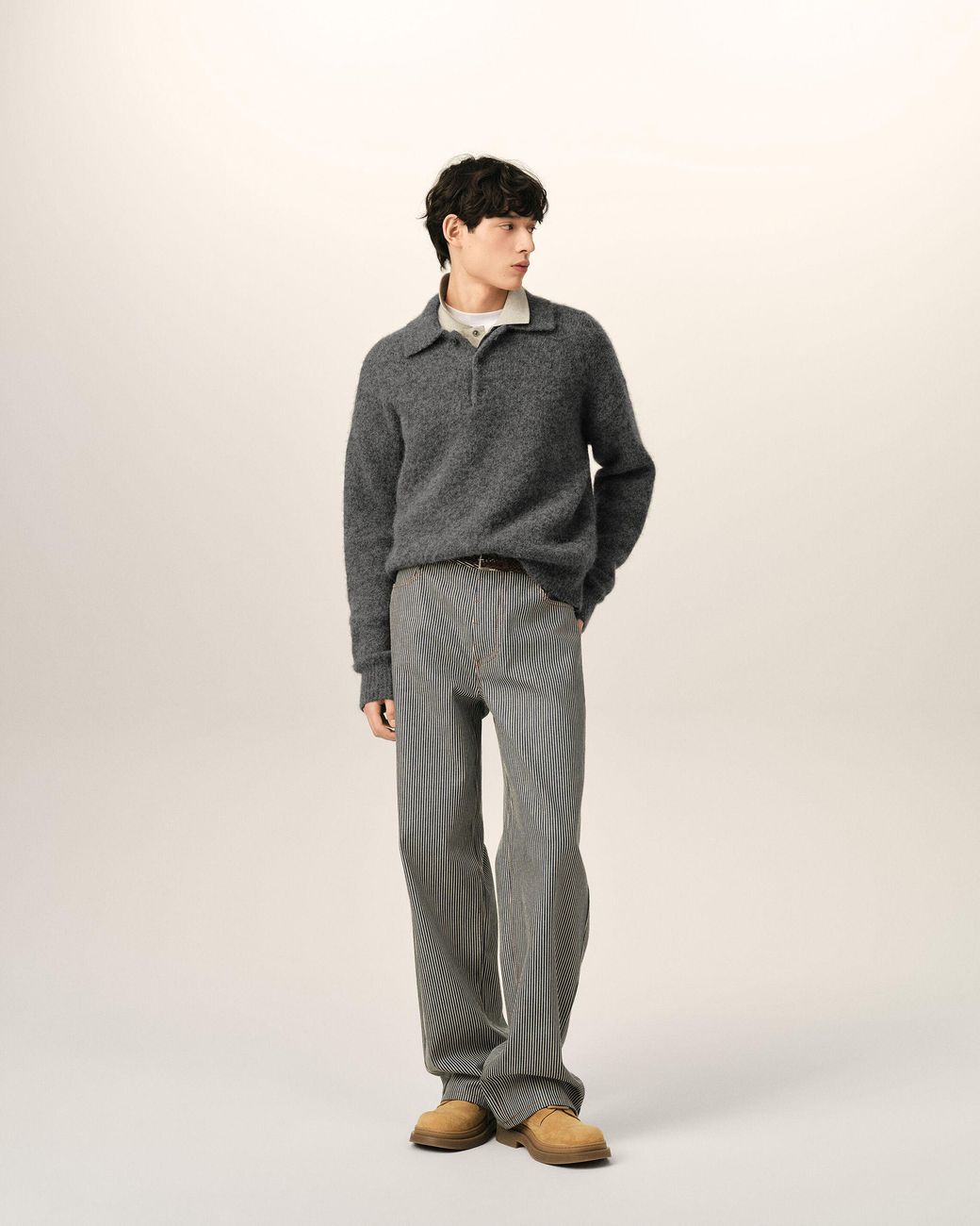 AMI Gray Wool And Alpaca Polo With Ami Embroidery for men