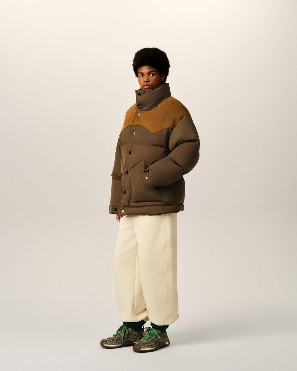 AMI Brown Nylon And Cotton Down Jacket With Leather Panels
