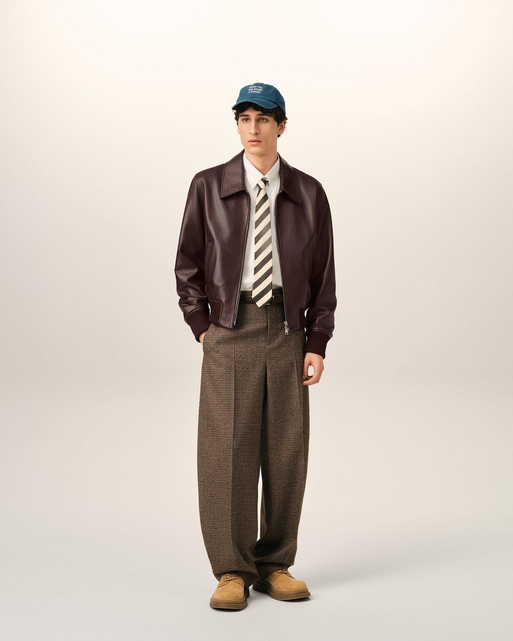 AMI Brown Burgundy Lamb Leather Zipped Jacket for men
