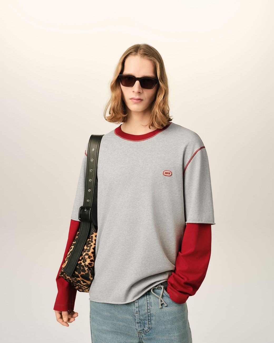 AMI White Double Sleeves Cotton T-Shirt With Ami Patch for men