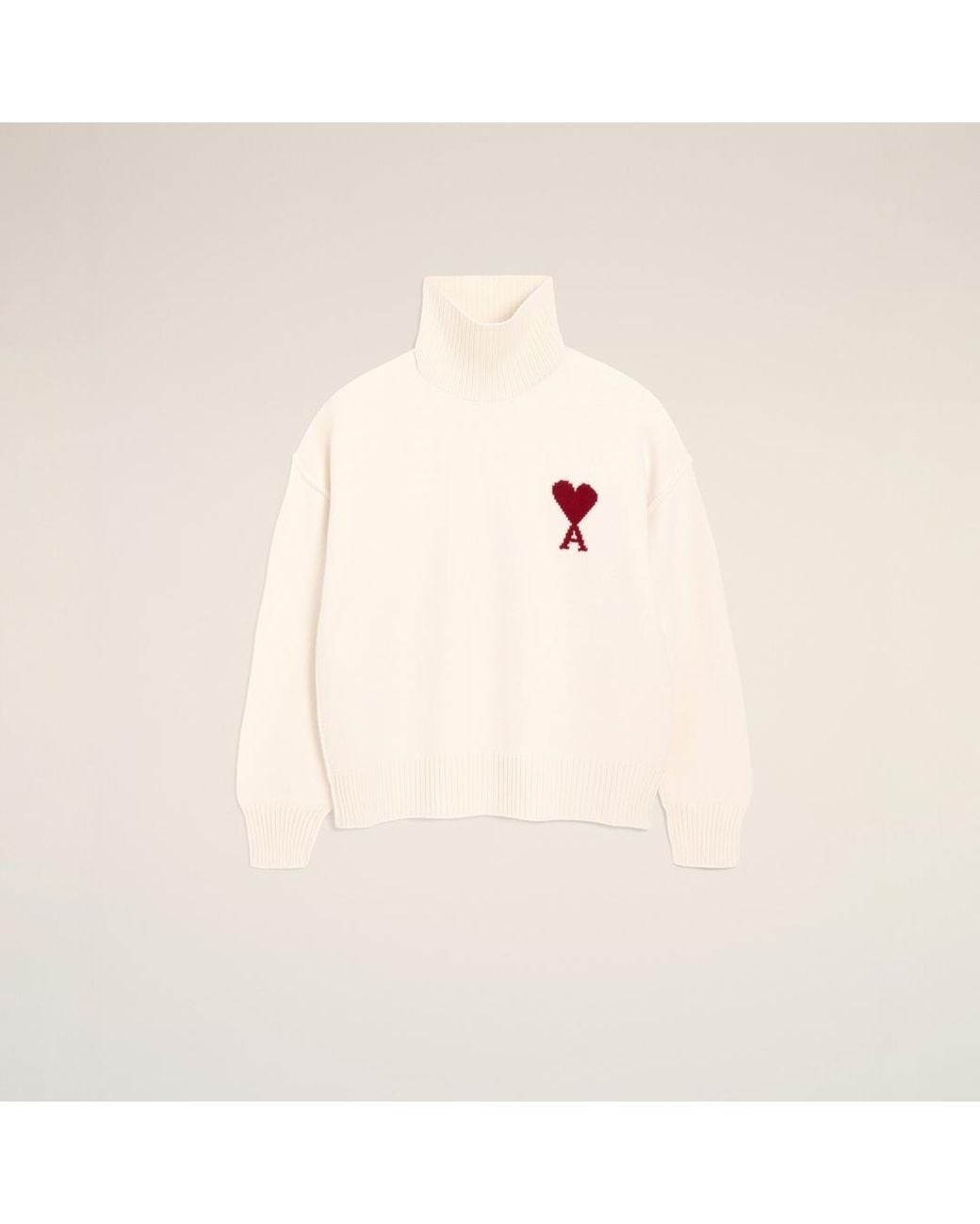 AMI Natural Funell Neck Wool Sweater With Ami De Coeur