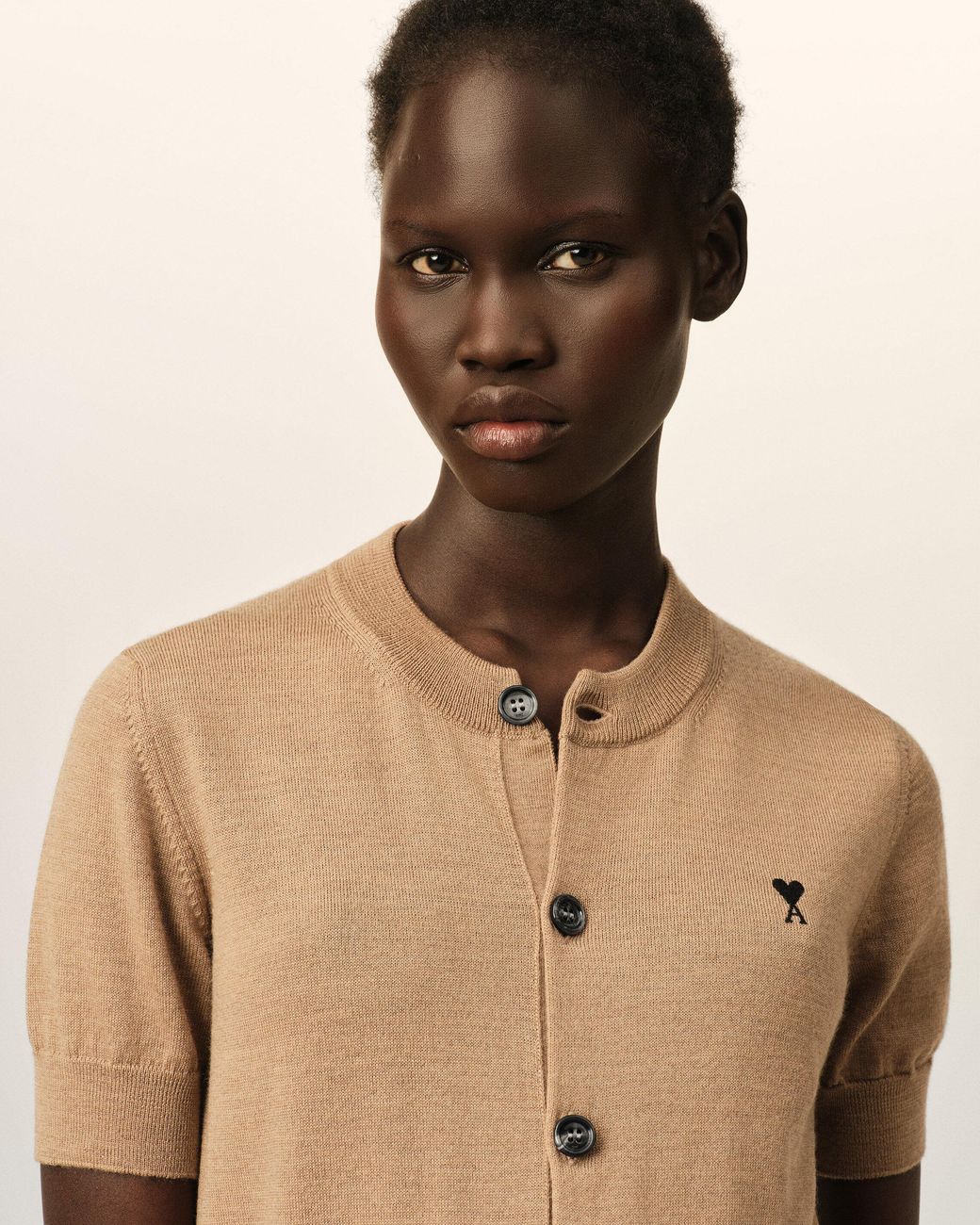 AMI Natural Wool Short-Sleeve Cardigan With Ami De Coeur
