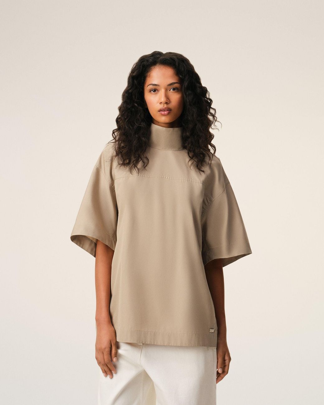 AMI Natural Cotton Stand Up Collar Buttoned T Top