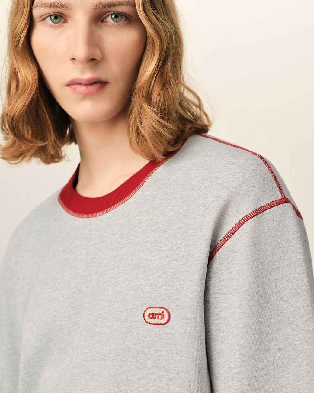 AMI White Double Sleeves Cotton T-Shirt With Ami Patch for men