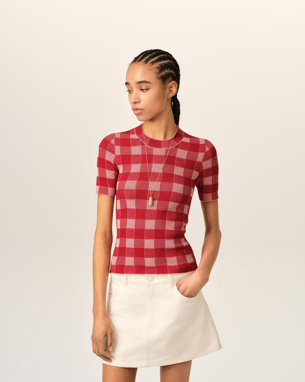 AMI Checkered Wool And Cotton Short Sleeves Sweater