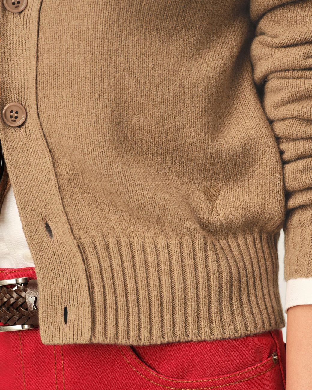 AMI Natural Crewneck Cashmere Cardigan With Ami De Coeur