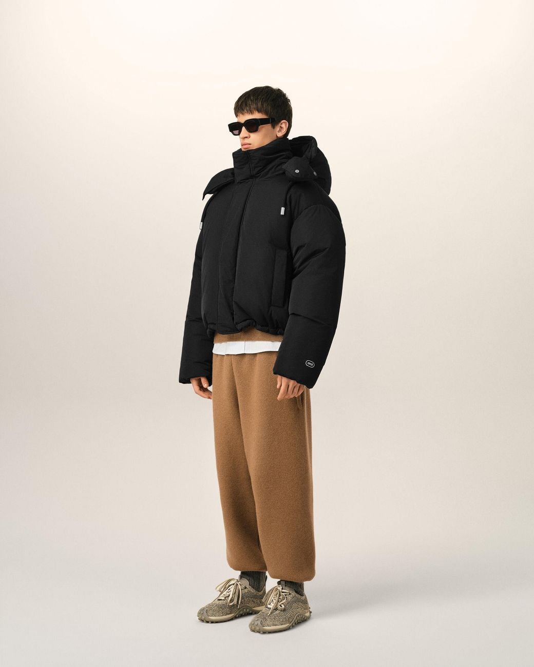 AMI Black Hooded Nylon And Cotton Down Jacket With Ami De Coeur for men