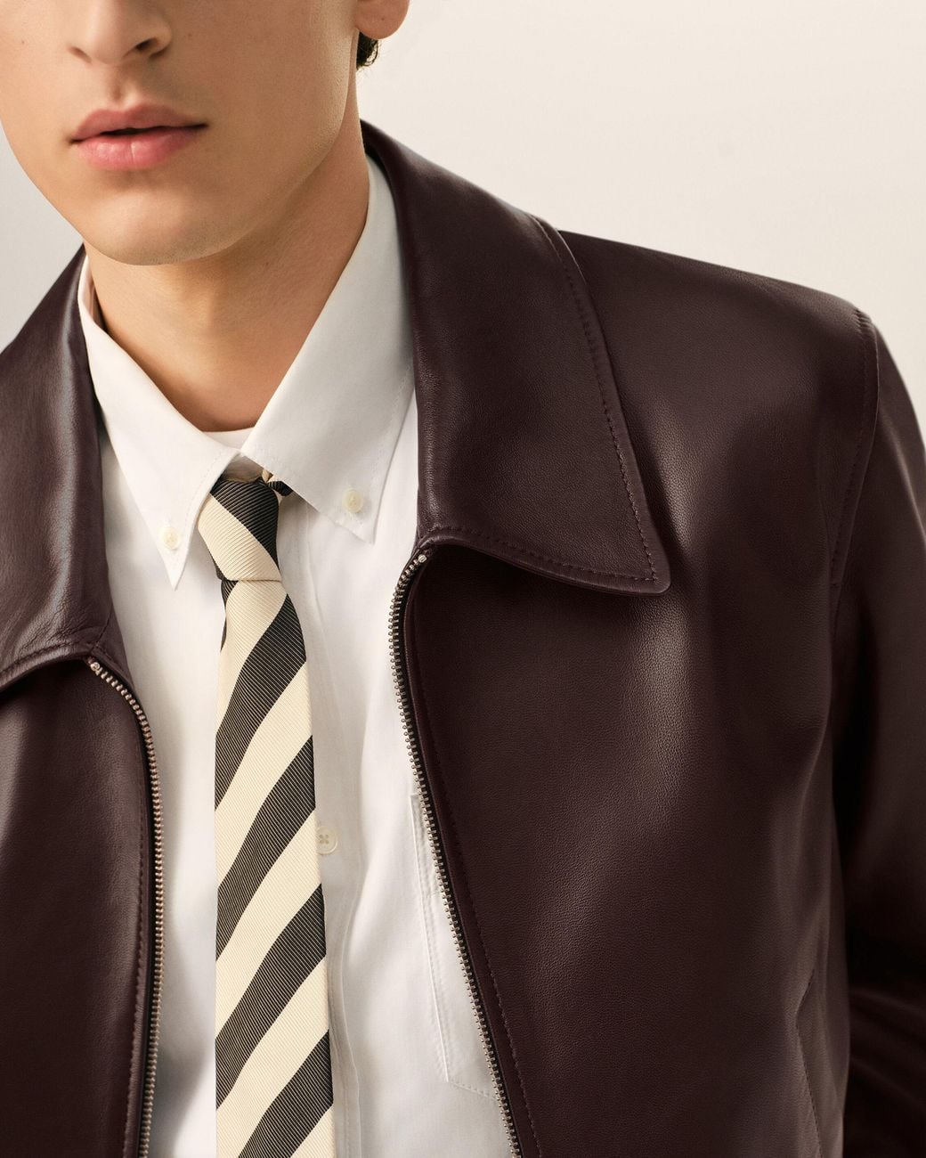 AMI Brown Burgundy Lamb Leather Zipped Jacket for men