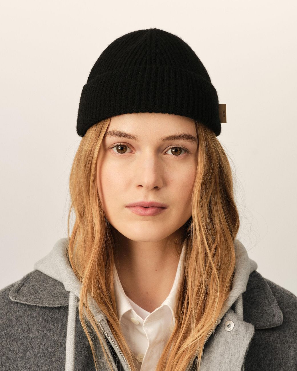 AMI Black Wool Ami Leather Label Beanie