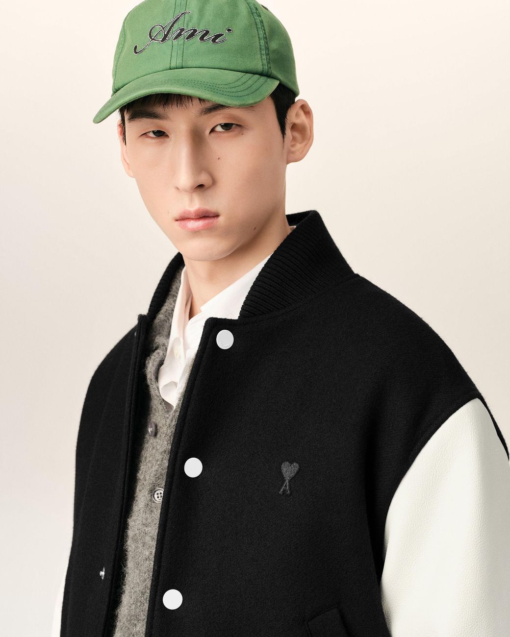 AMI Black Wool And Leather Padded Teddy Jacket With Embroidery for men