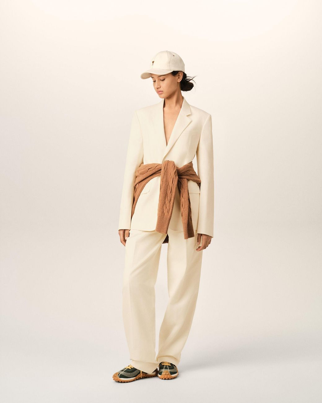 AMI Natural Single Breasted Boxy Cotton And Linen Blazer
