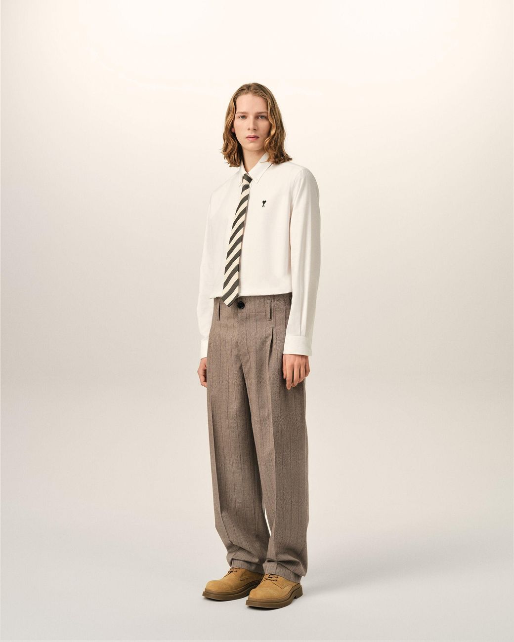 AMI Natural Striped Wool Two-Pleats Trousers for men