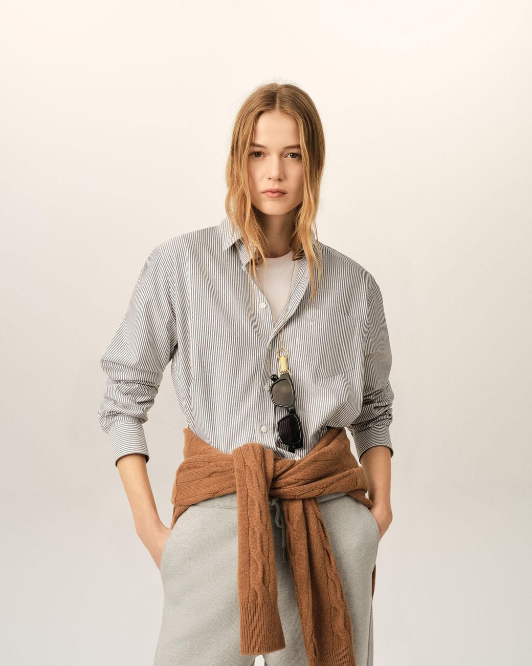AMI Natural Cropped Striped Cotton Shirt With Embossed Ami De Coeur