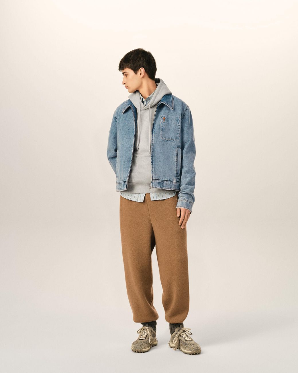 AMI Blue Cotton Contrasted Zipped Jacket With Ami De Coeur for men