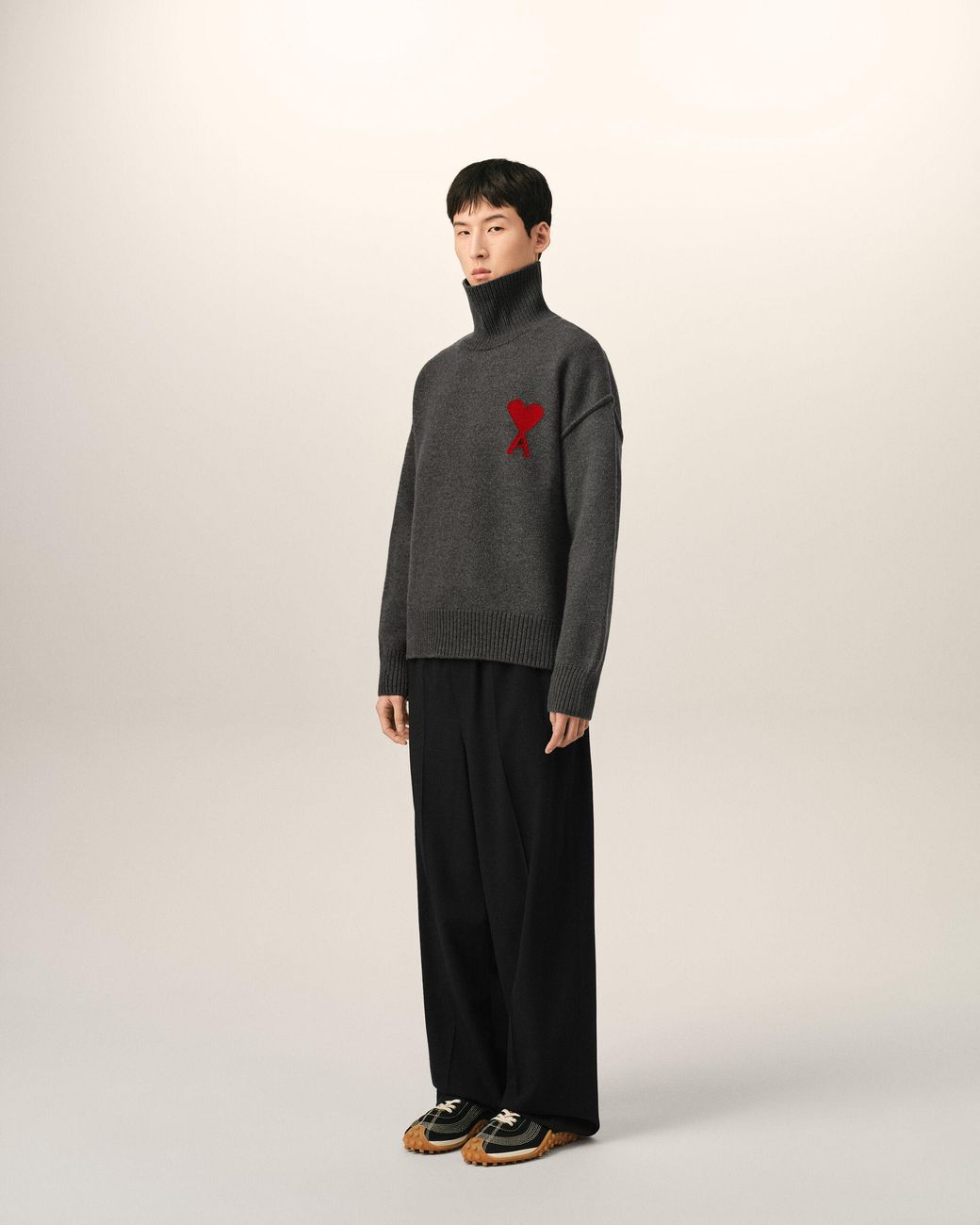 AMI Black Funell Neck Wool Sweater With Ami De Coeur