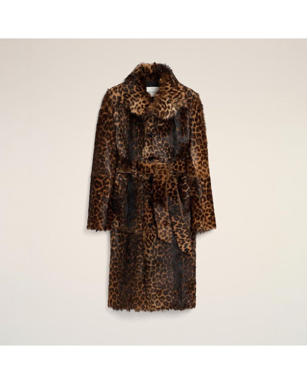 AMI Brown Long Leopard Goat Leather Belted Coat