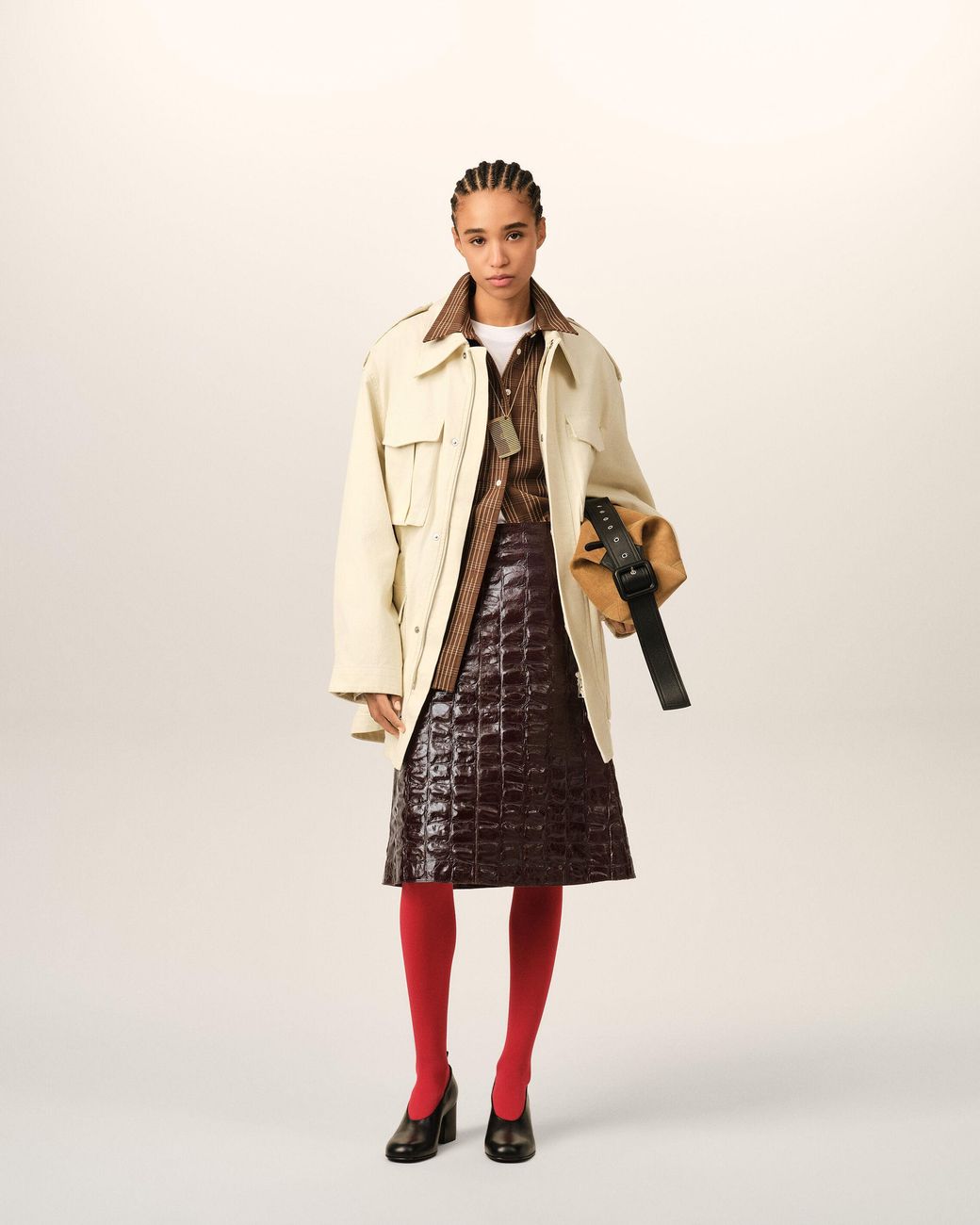 AMI Natural Burgundy Midi Cowhide Leather Skirt