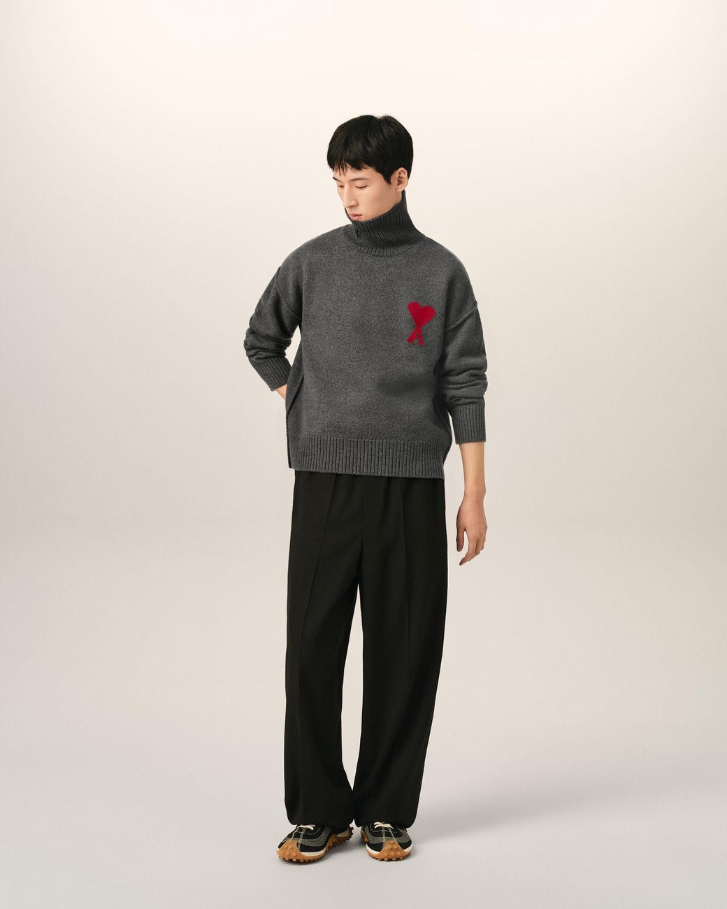 AMI Black Funell Neck Wool Sweater With Ami De Coeur