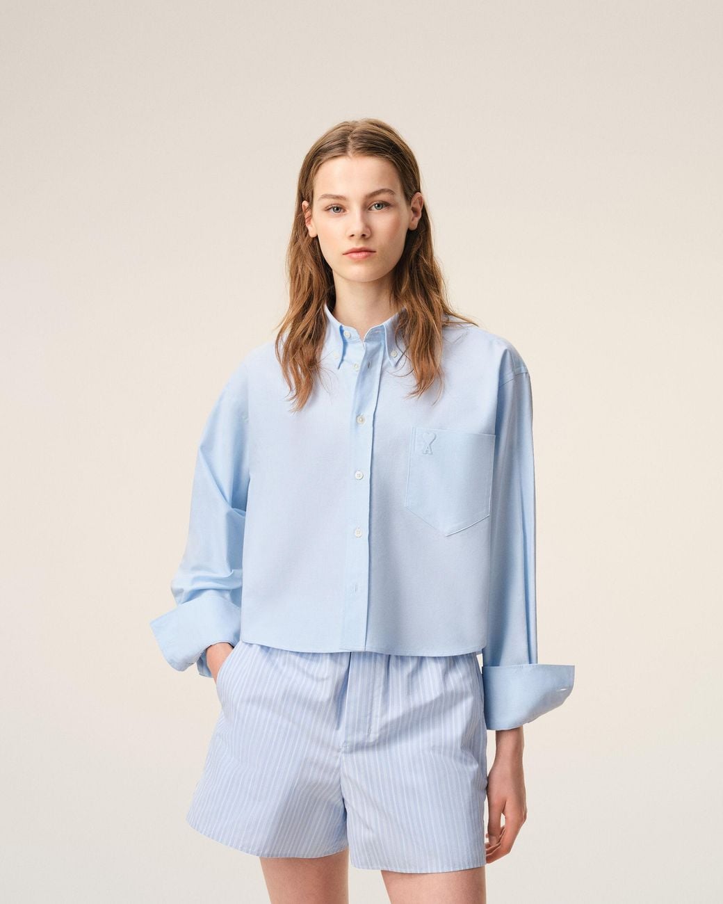 AMI Blue Cotton Cropped Embossed Ami De Coeur Shirt