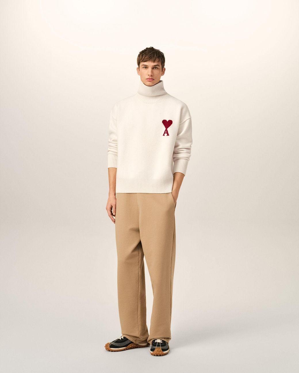 AMI Natural Funell Neck Wool Sweater With Ami De Coeur