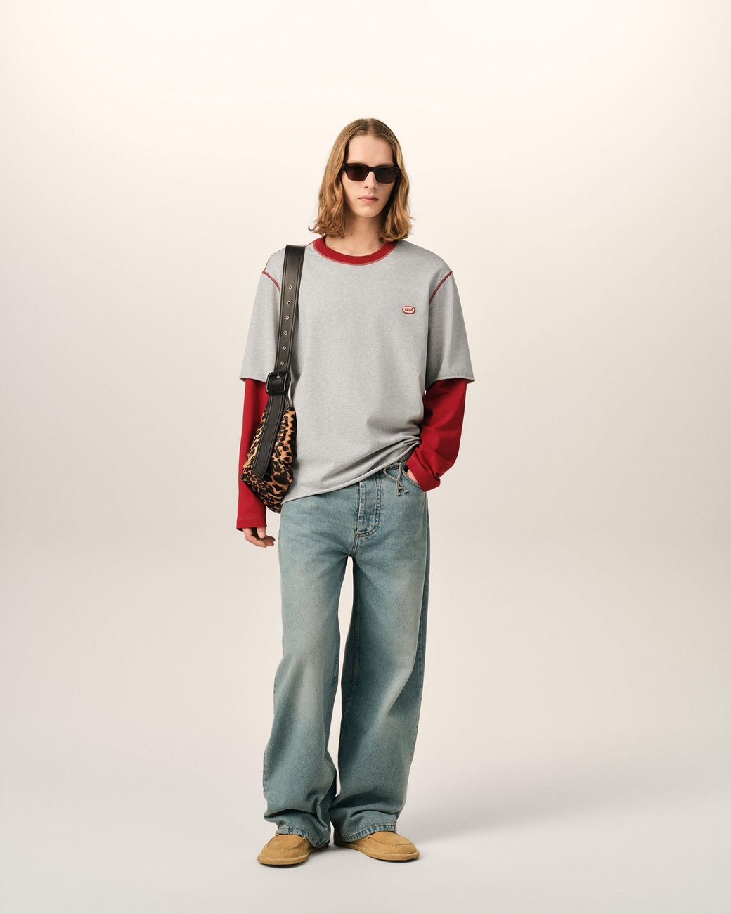 AMI White Double Sleeves Cotton T-Shirt With Ami Patch for men