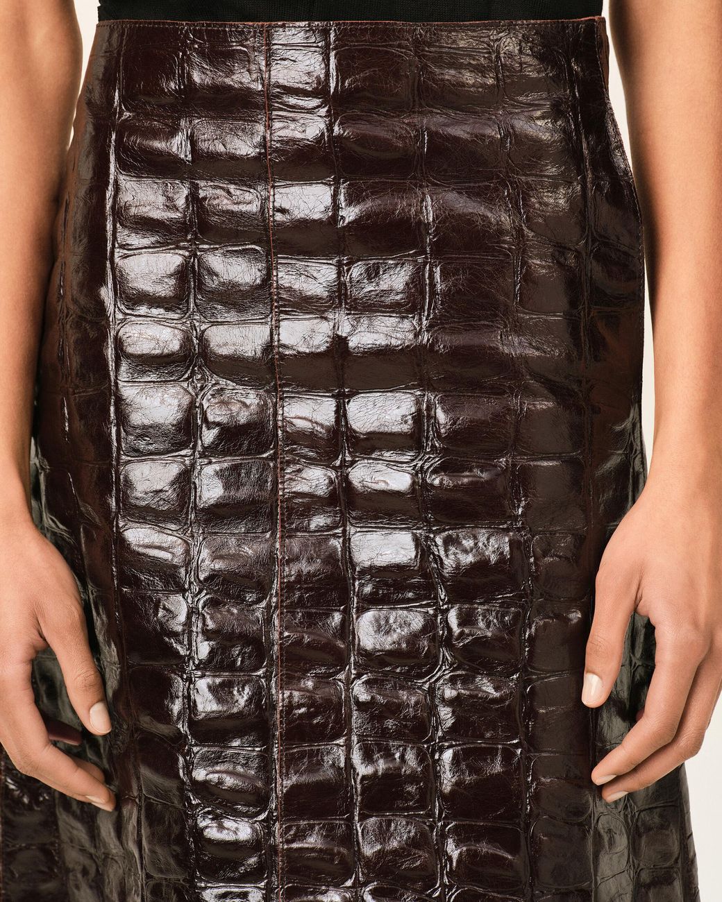 AMI Natural Burgundy Midi Cowhide Leather Skirt